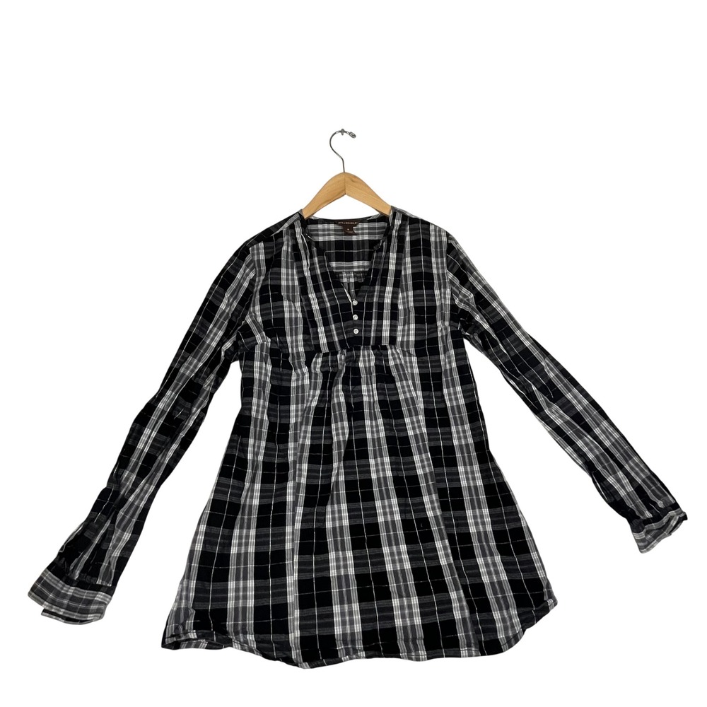 Bit & Bridle Womens Medium Plaid Tunic Top Black White Metallic Long Sleeve